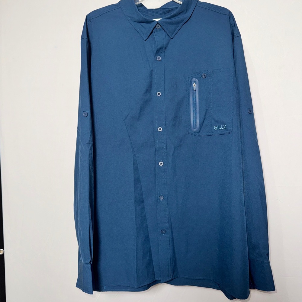 Gillz Mens 2XL Blue Long Sleeve Button Down Performance Fishing Shirt Vent Back